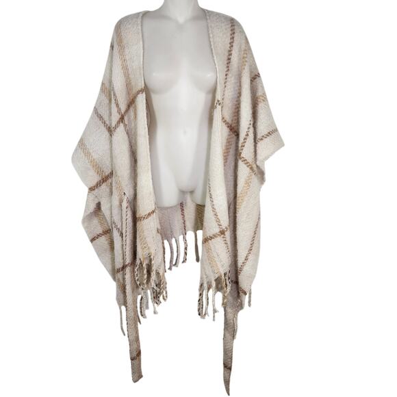Liz Claiborne Belted Poncho Wrap Womens One Size OS Fringe Plaid Neutral Ivory - Picture 3 of 12